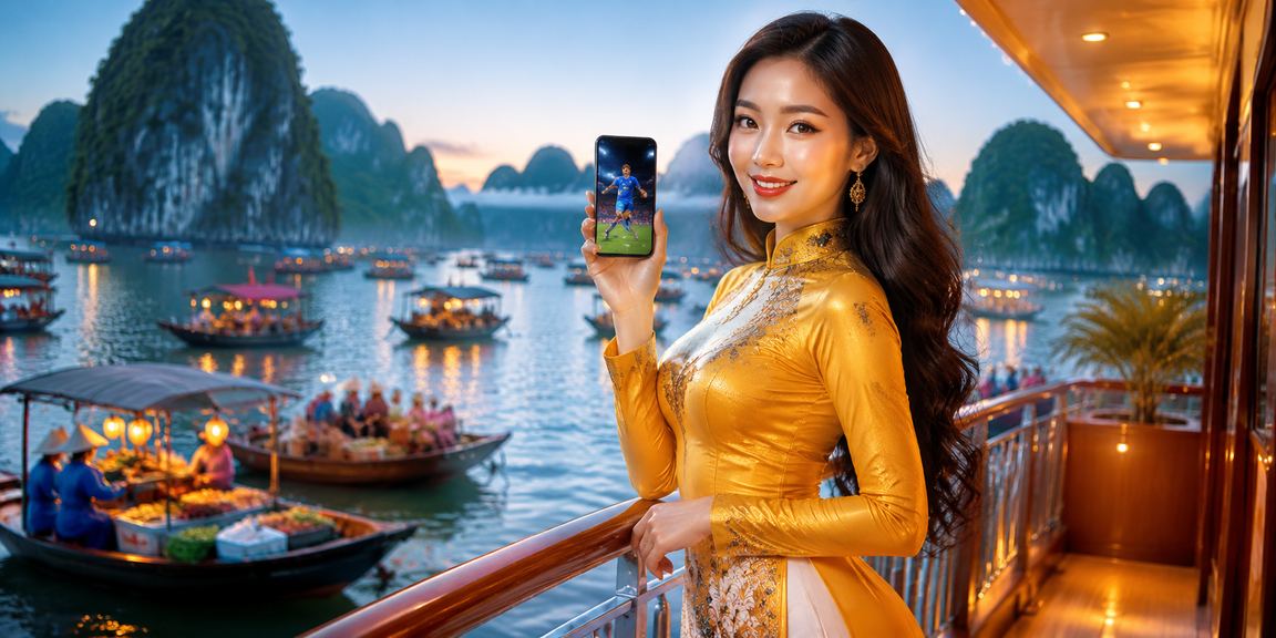 Cảnh Hạ Long Bay với người chơi cá cược thể thao mặc áo dài truyền thống